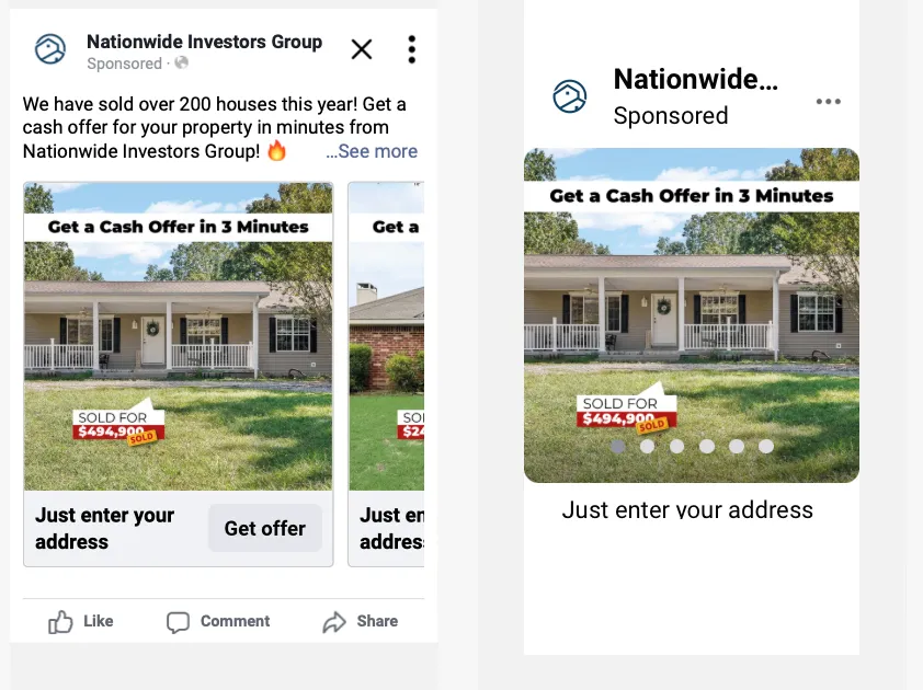 Ad account screenshot: real photo carousel